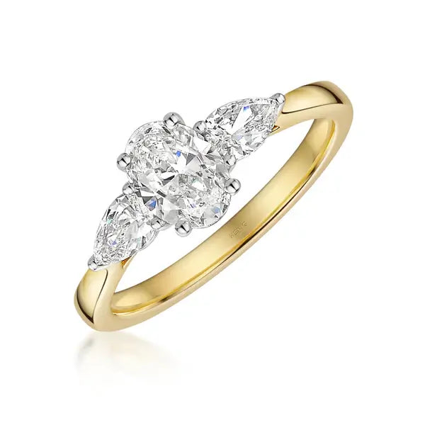 Oval & pear shaped lab diamond three stone ring, 18ct yellow gold, Leeds Gold Buyers