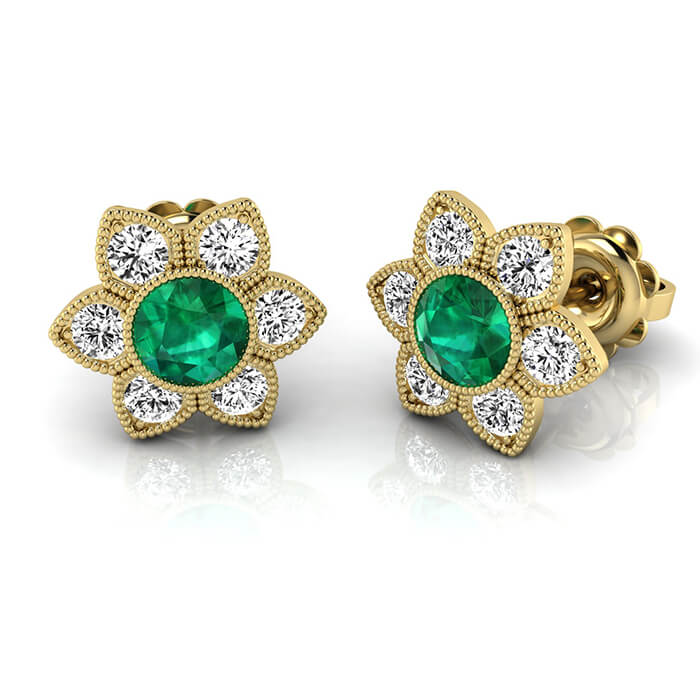 Yellow or White Gold Emerald and Diamond Flower Cluster Stud Earrings, Leevans Jewellers  Leeds